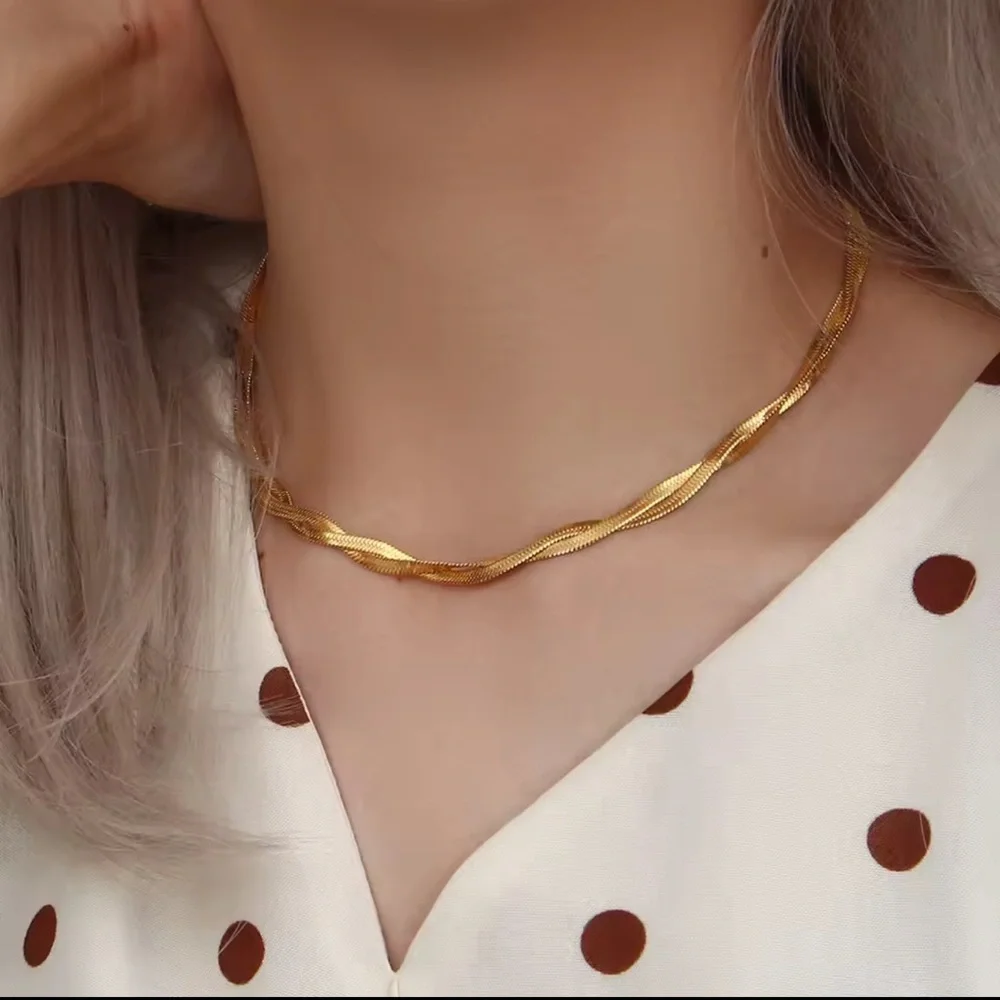 Braided New Herringbone Necklace Bracelet
 Gold 18K plated Set Stainless Steel - Picture 4 of 15